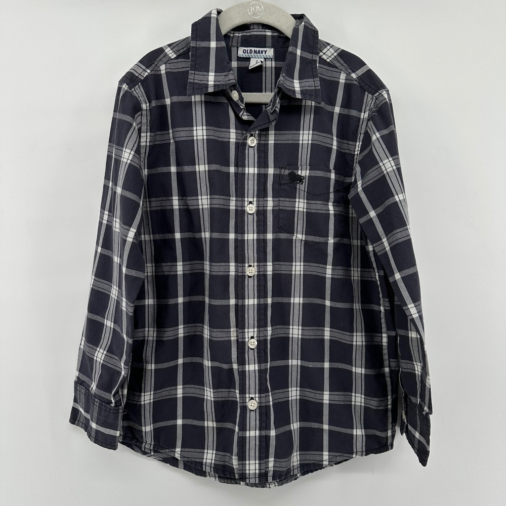 Old Navy Boys Small Gray White Plaid Long Sleeve Button Up Shirt Lion Logo